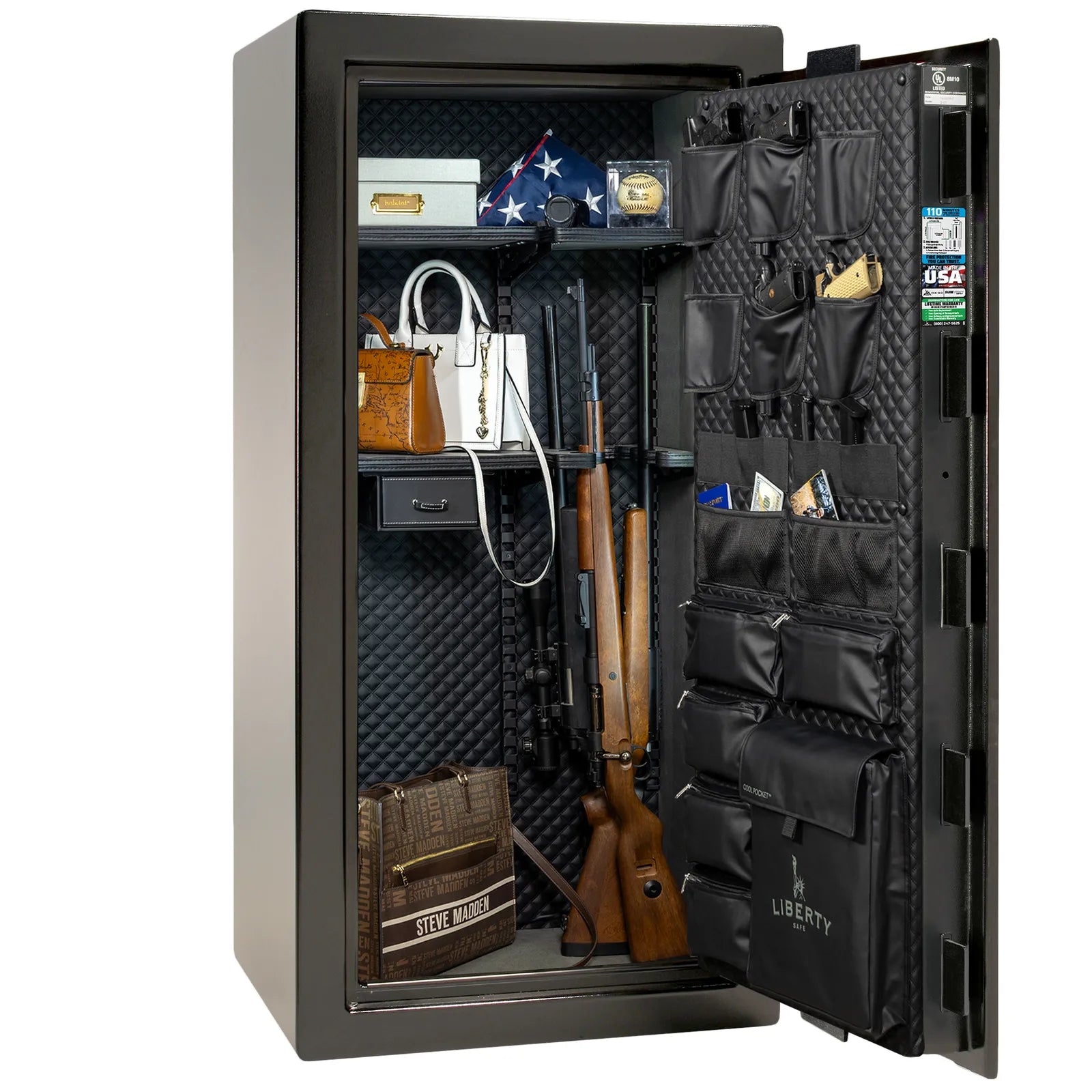 Liberty Franklin 29 gun safe in Textured Black with Chrome, Signature interior loaded with firearms.