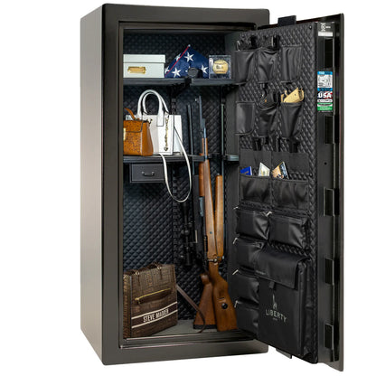 Liberty Franklin 29 gun safe in Textured Black with Chrome, Signature interior loaded with firearms.