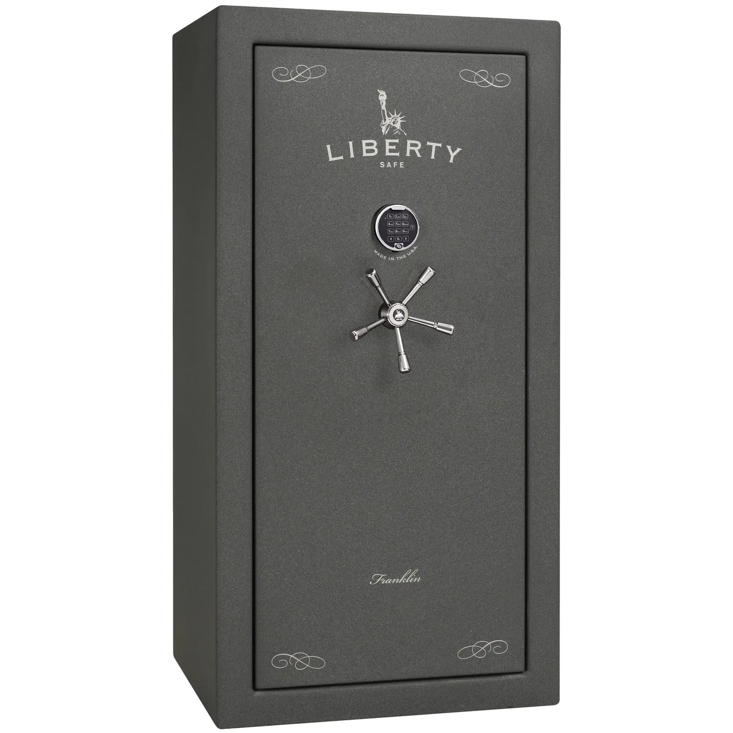 Liberty Franklin 29 gun safe in Textured Granite with Chrome and S&G electronic lock, exterior view.
