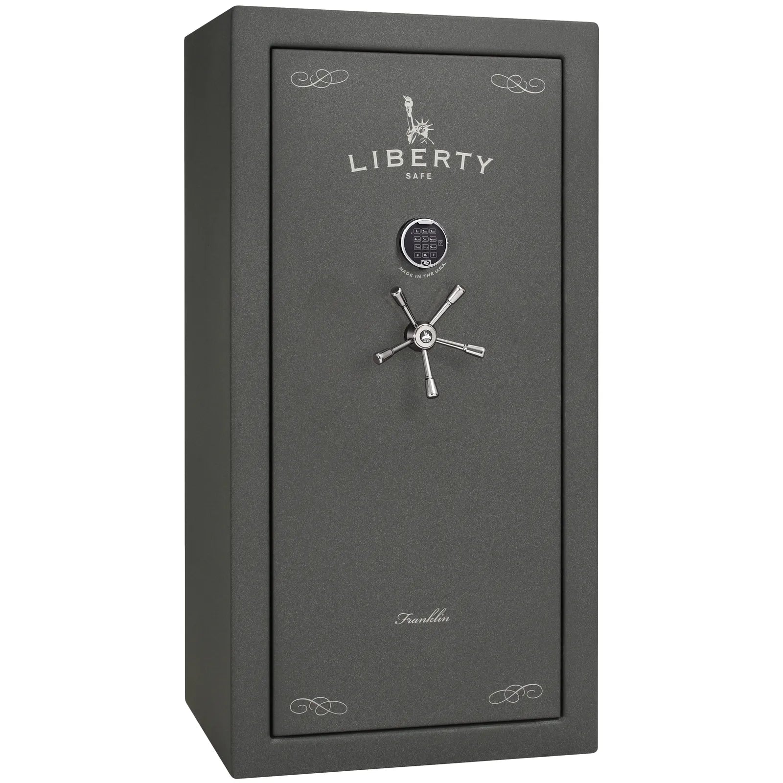 Liberty Franklin 29 gun safe in Textured Granite with Chrome and S&G electronic lock, exterior view.