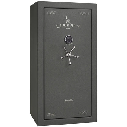 Liberty Franklin 29 gun safe in Textured Granite with Chrome and S&G electronic lock, exterior view.
