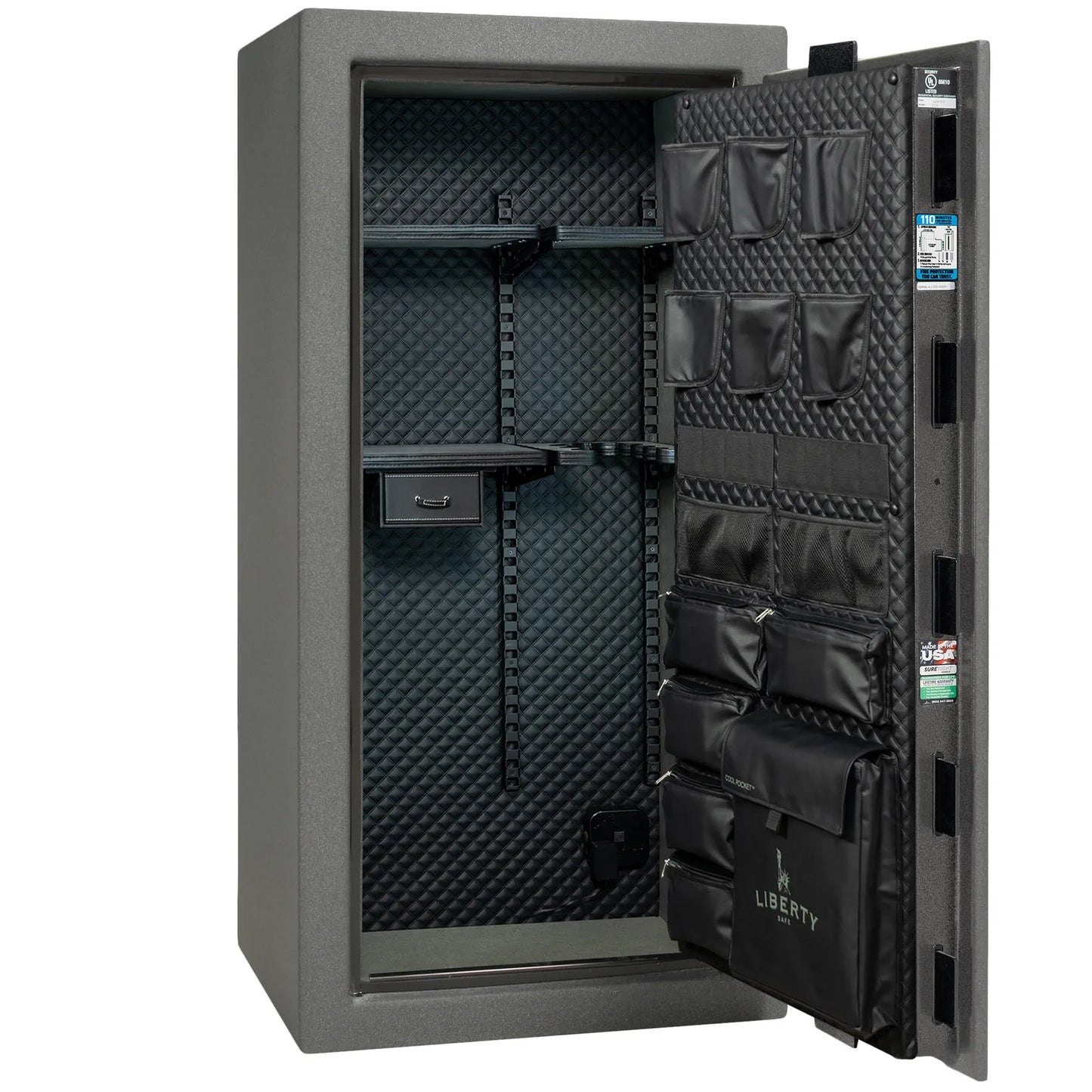 Liberty Franklin 29 gun safe in Textured Granite with Chrome, Signature interior empty.
