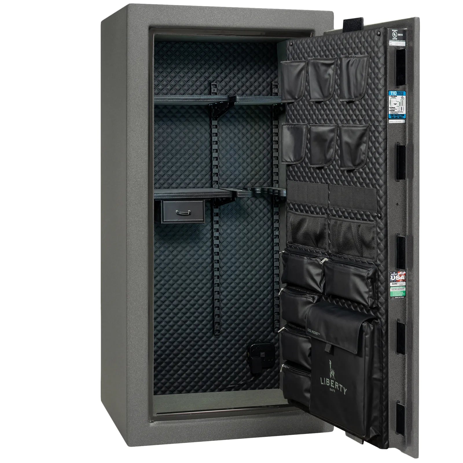 Liberty Franklin 29 gun safe in Textured Granite with Chrome, Signature interior empty.