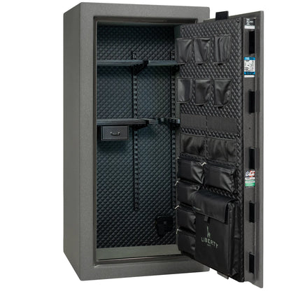 Liberty Franklin 29 gun safe in Textured Granite with Chrome, Signature interior empty.