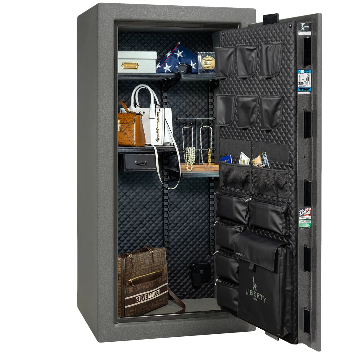 Liberty Franklin 29 gun safe in Textured Granite with Chrome, Signature interior full with shelving and no guns.