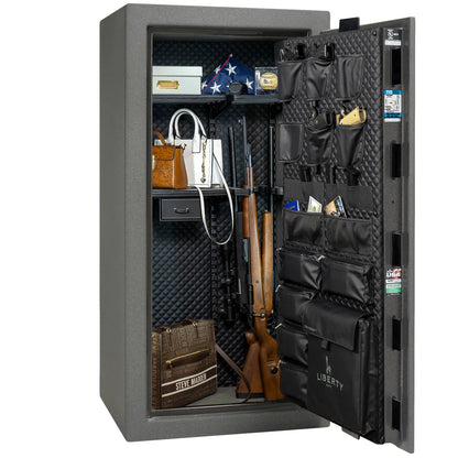 Liberty Franklin 29 gun safe in Textured Granite with Chrome, Signature interior loaded with firearms.