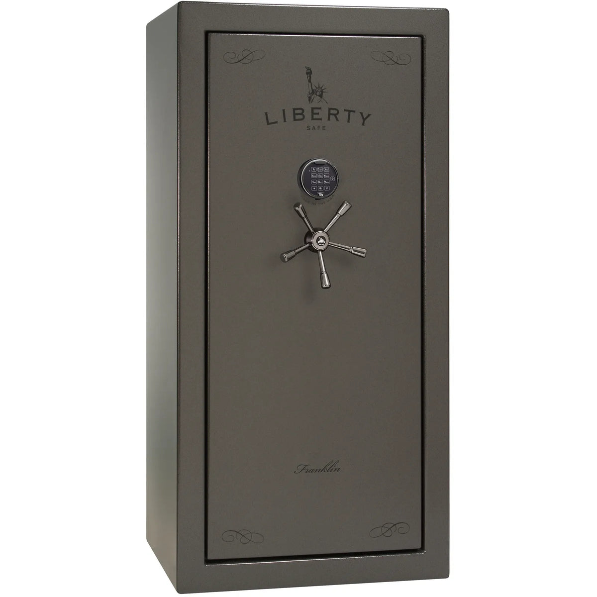 Liberty Franklin 29 gun safe in Gray Marble with Black Chrome and S&G electronic lock, exterior view.