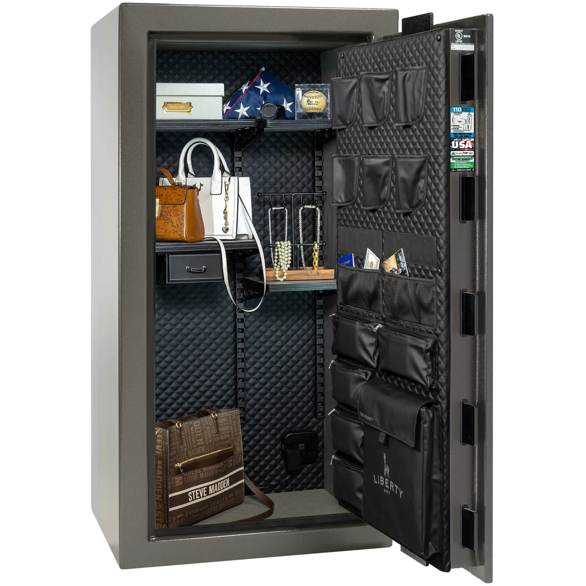 Liberty Franklin 29 gun safe in Gray Marble with Black Chrome, Signature interior full with shelving and no guns.
