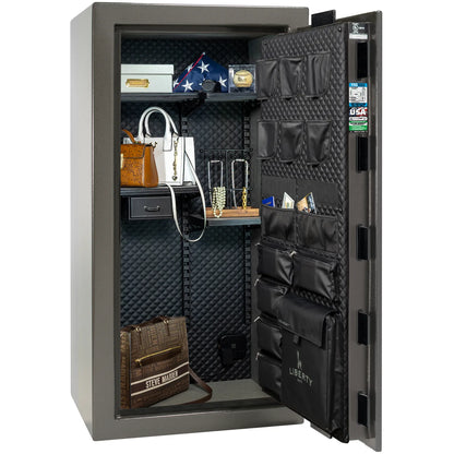 Liberty Franklin 29 gun safe in Gray Marble with Black Chrome, Signature interior full with shelving and no guns.