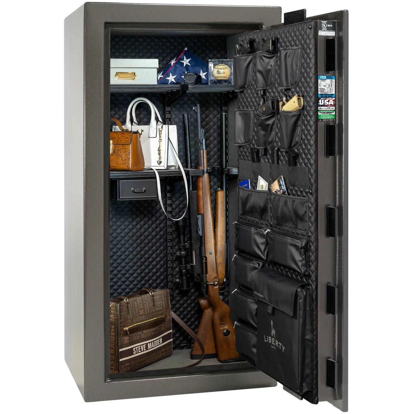 Liberty Franklin 29 gun safe in Gray Marble with Black Chrome, Signature interior loaded with firearms.