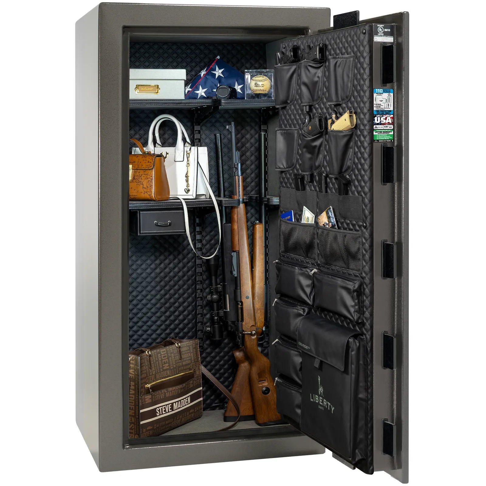 Liberty Franklin 29 gun safe in Gray Marble with Black Chrome, Signature interior loaded with firearms.