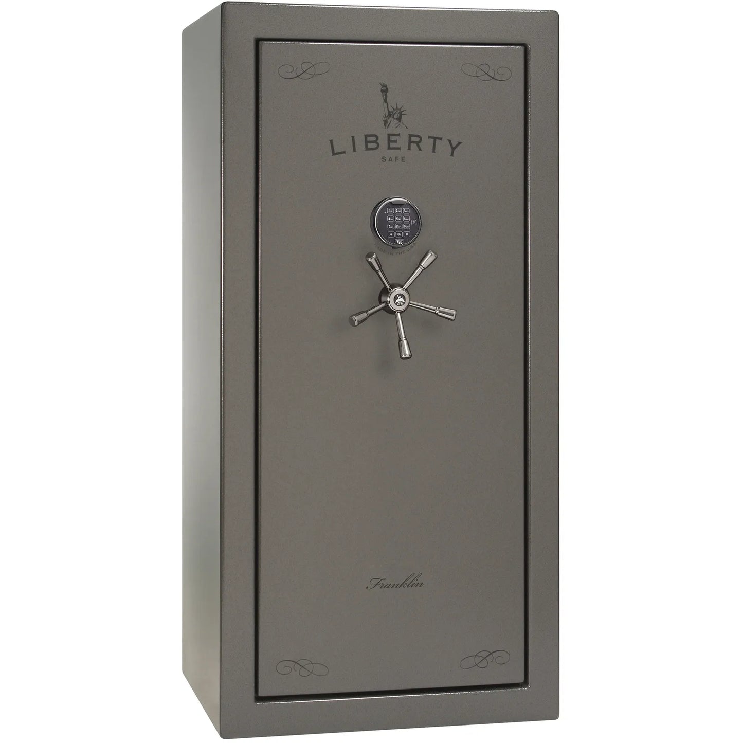 Liberty Franklin 29 gun safe in Gray Gloss with Black Chrome and S&G electronic lock, exterior view.