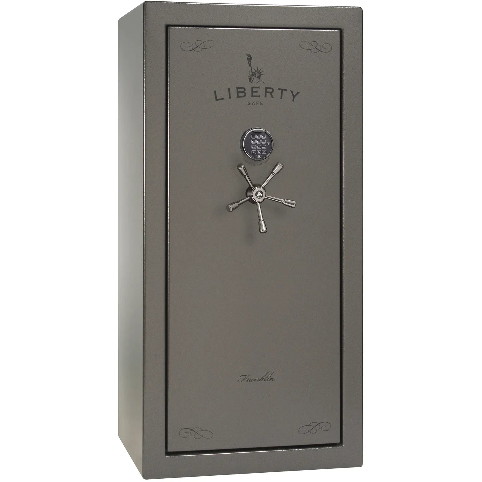 Liberty Franklin 29 gun safe in Gray Gloss with Black Chrome and S&G electronic lock, exterior view.