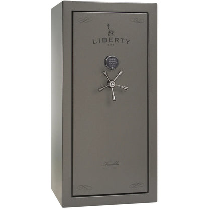 Liberty Franklin 29 gun safe in Gray Gloss with Black Chrome and S&G electronic lock, exterior view.
