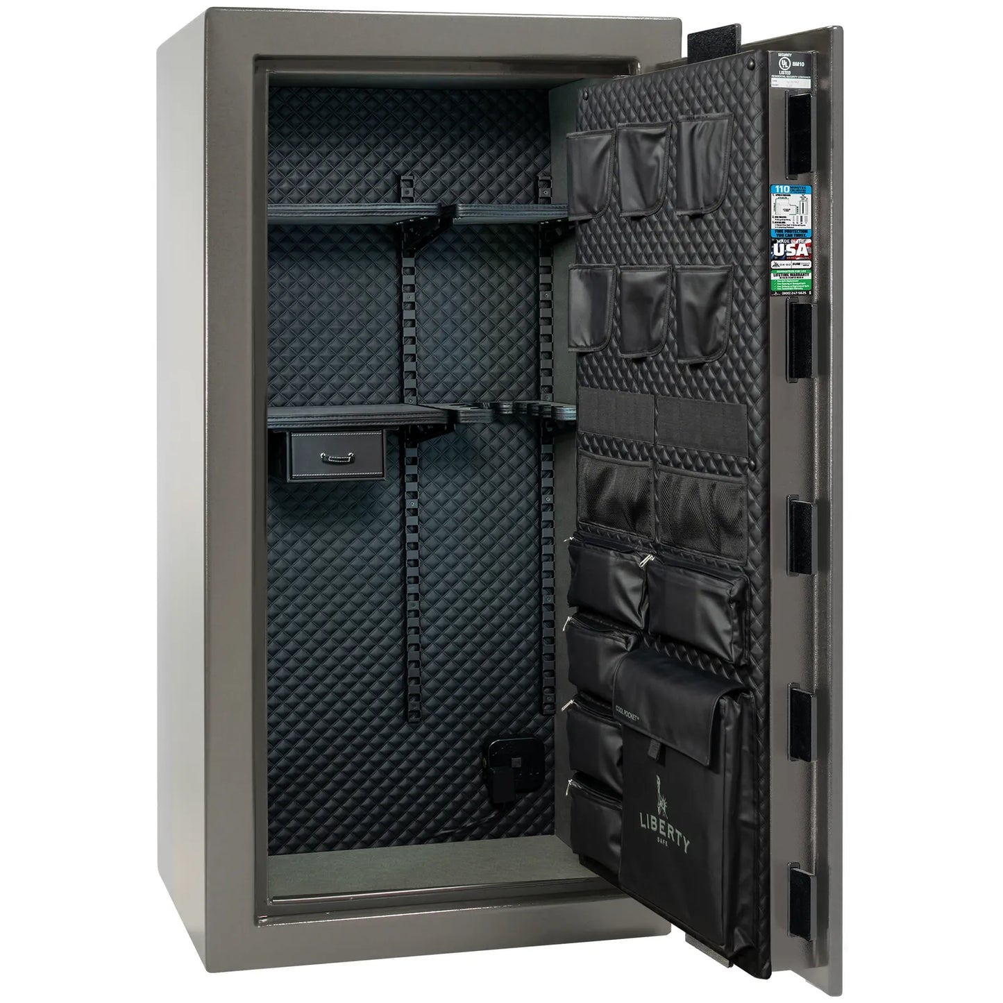 Liberty Franklin 29 gun safe in Gray Gloss with Black Chrome, Signature interior empty.