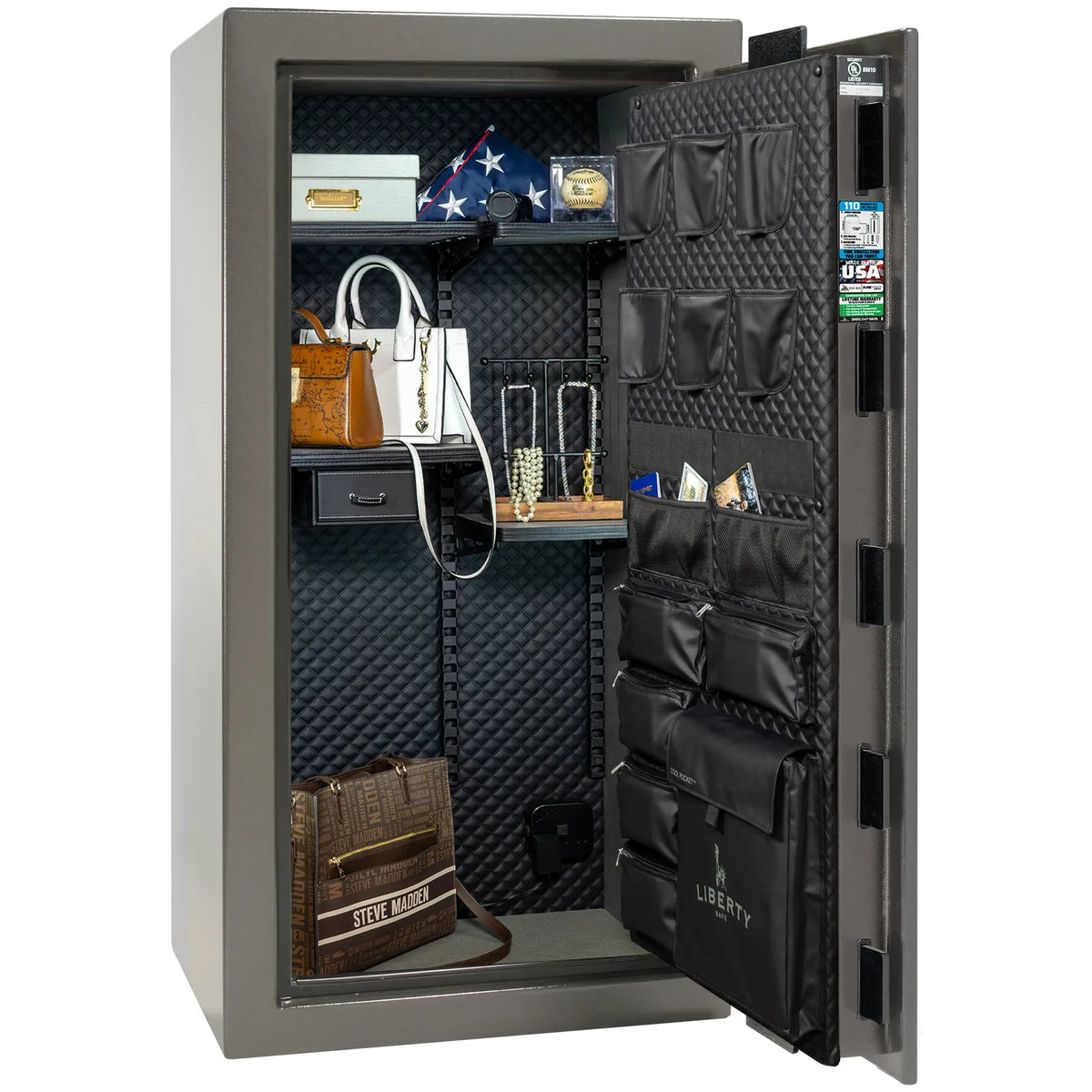 Liberty Franklin 29 gun safe in Gray Gloss with Black Chrome, Signature interior full with shelving and no guns.