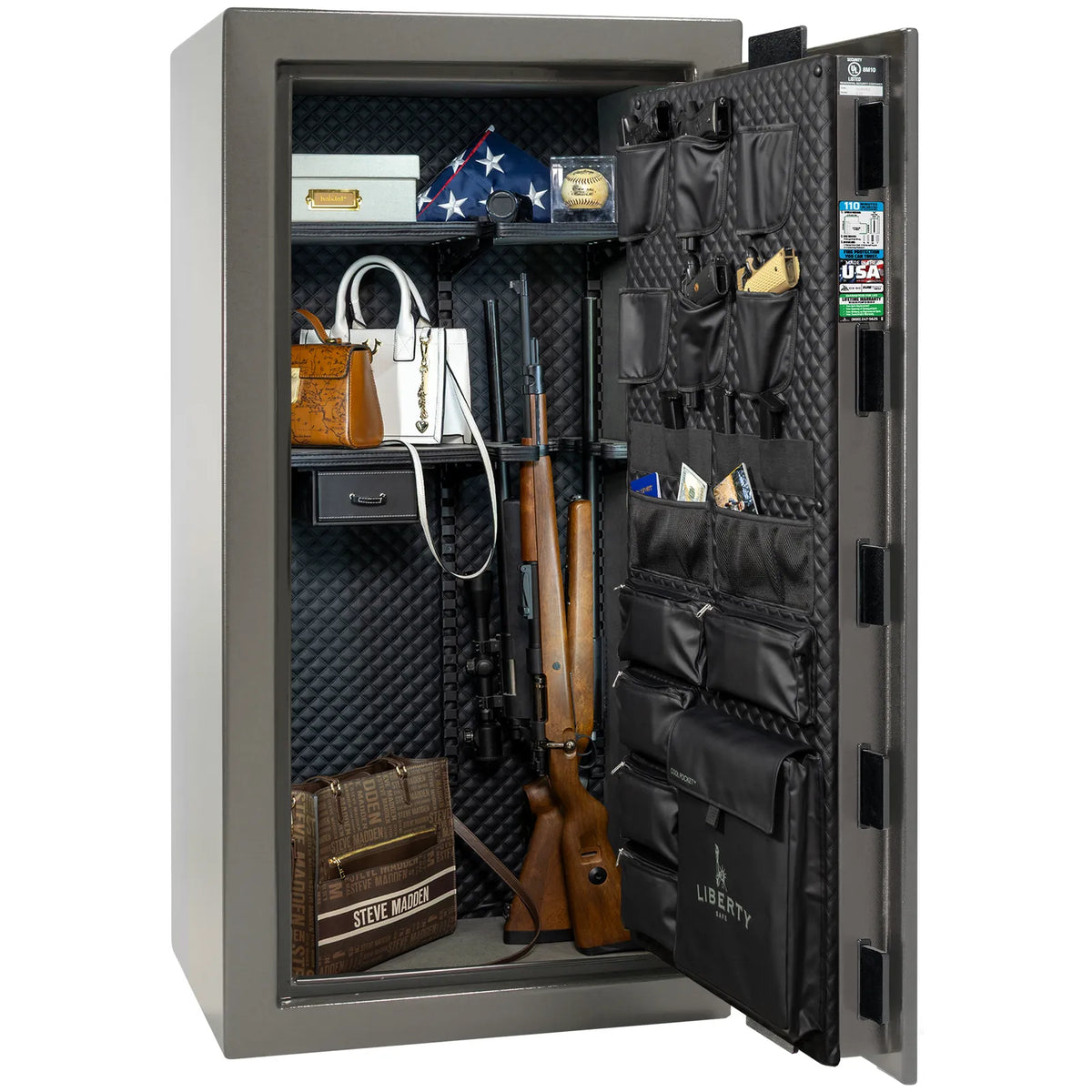 Liberty Franklin 29 gun safe in Gray Gloss with Black Chrome, Signature interior loaded with firearms.