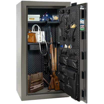 Liberty Franklin 29 gun safe in Gray Gloss with Black Chrome, Signature interior loaded with firearms.