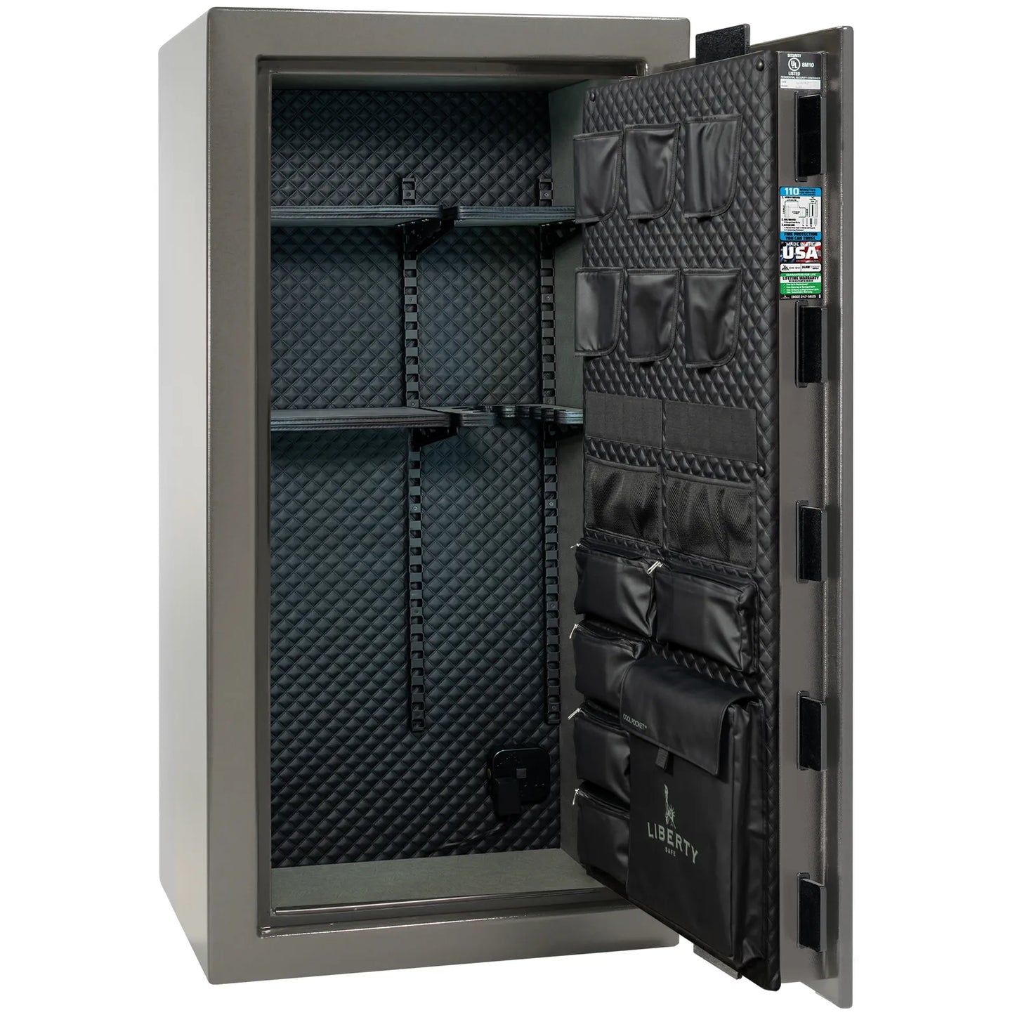 Liberty Franklin 29 gun safe in Gray Gloss with Black Chrome, Signature interior view.
