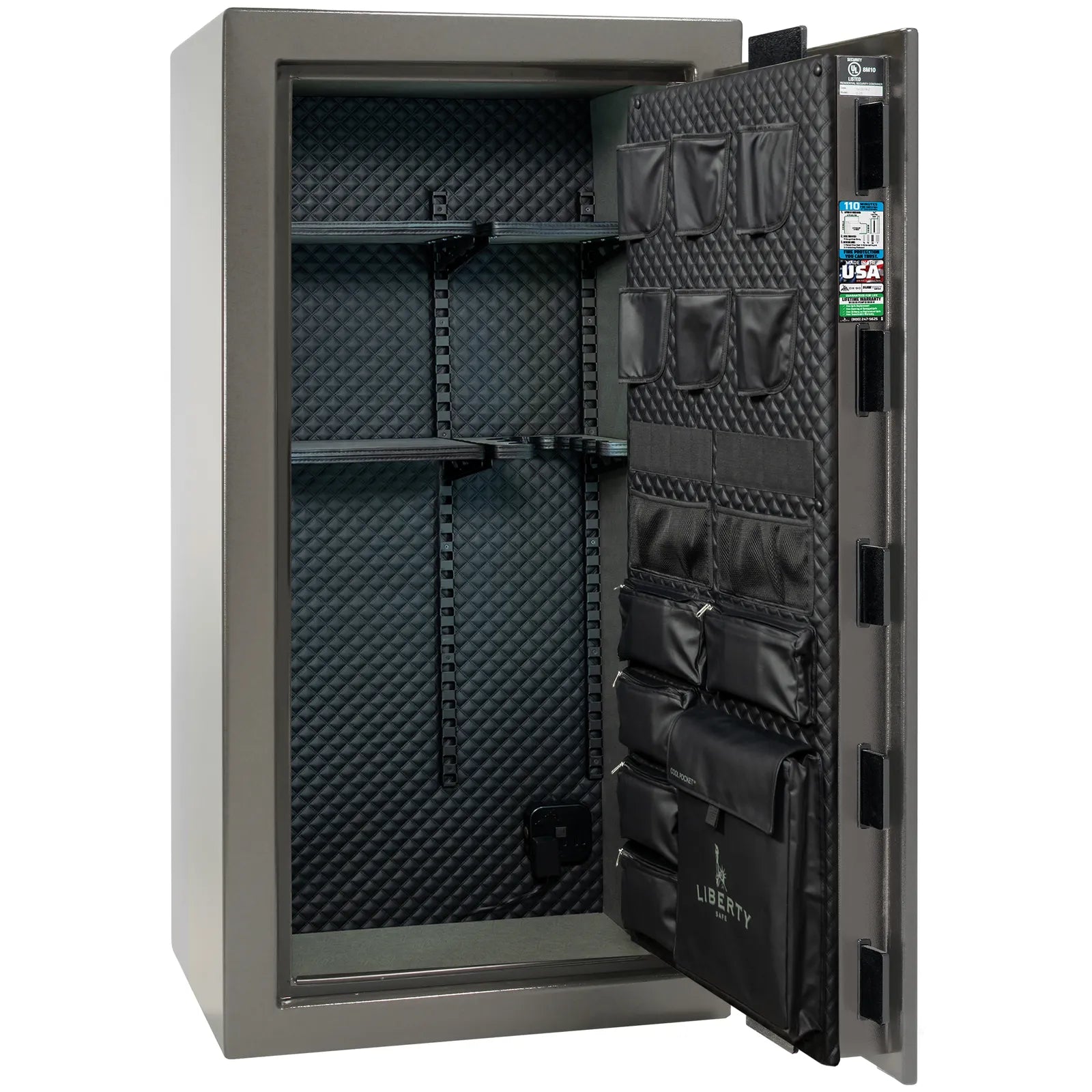 Liberty Franklin 29 gun safe in Gray Gloss with Black Chrome, Signature interior view.