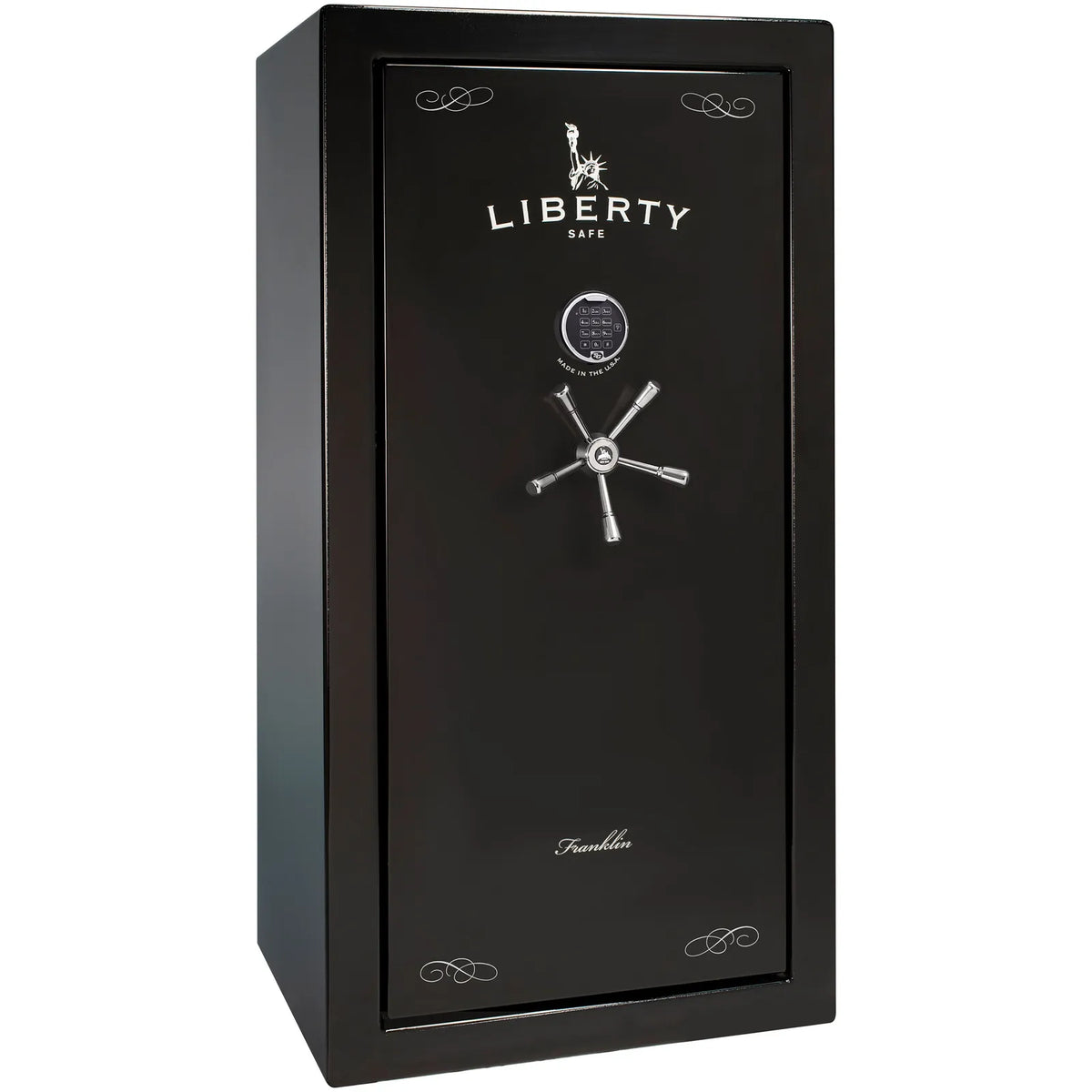 Liberty Franklin 29 gun safe in Black Gloss with Chrome and S&G electronic lock, exterior view.