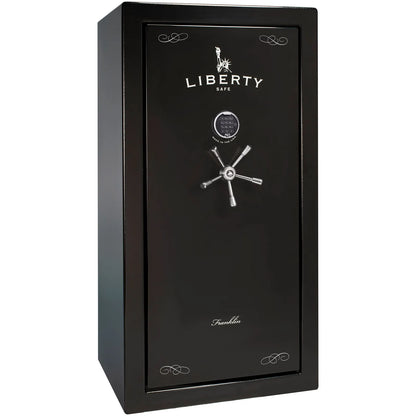 Liberty Franklin 29 gun safe in Black Gloss with Chrome and S&G electronic lock, exterior view.