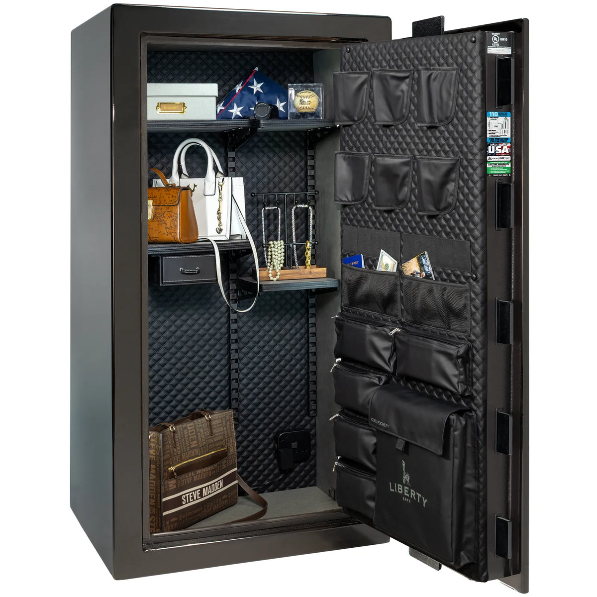 Liberty Franklin 29 gun safe in Black Gloss with Chrome, Signature interior full with shelving and no guns.