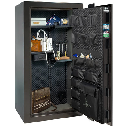 Liberty Franklin 29 gun safe in Black Gloss with Chrome, Signature interior full with shelving and no guns.