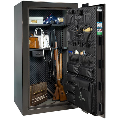Liberty Franklin 29 gun safe in Black Gloss with Chrome, Signature interior loaded with firearms.