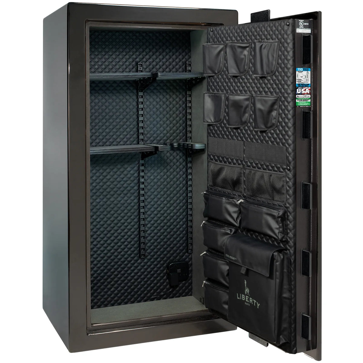 Liberty Franklin 29 gun safe in Black Gloss with Chrome, Signature interior view.