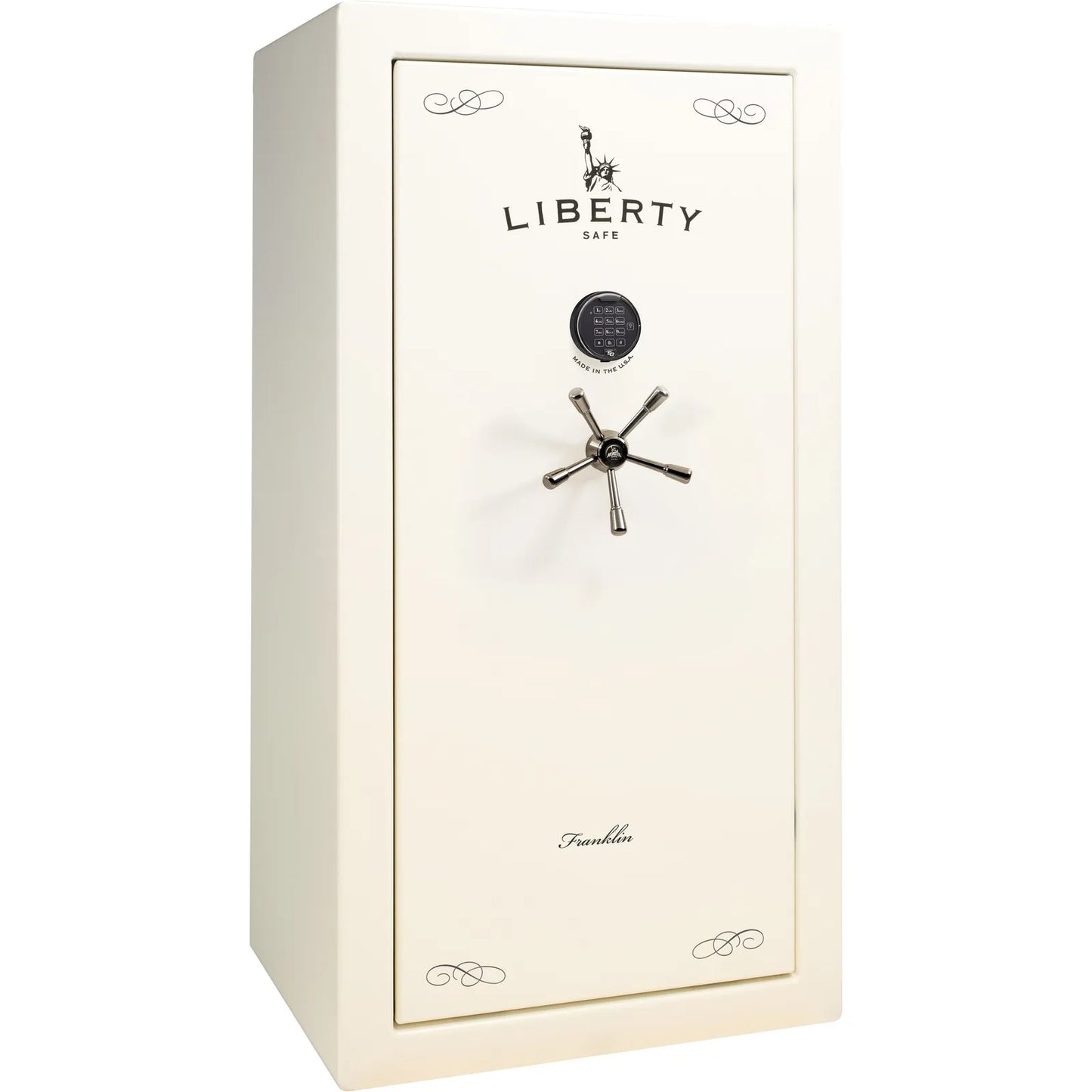 Liberty Franklin 29 gun safe in White Gloss with Black Chrome and S&G electronic lock, exterior view.