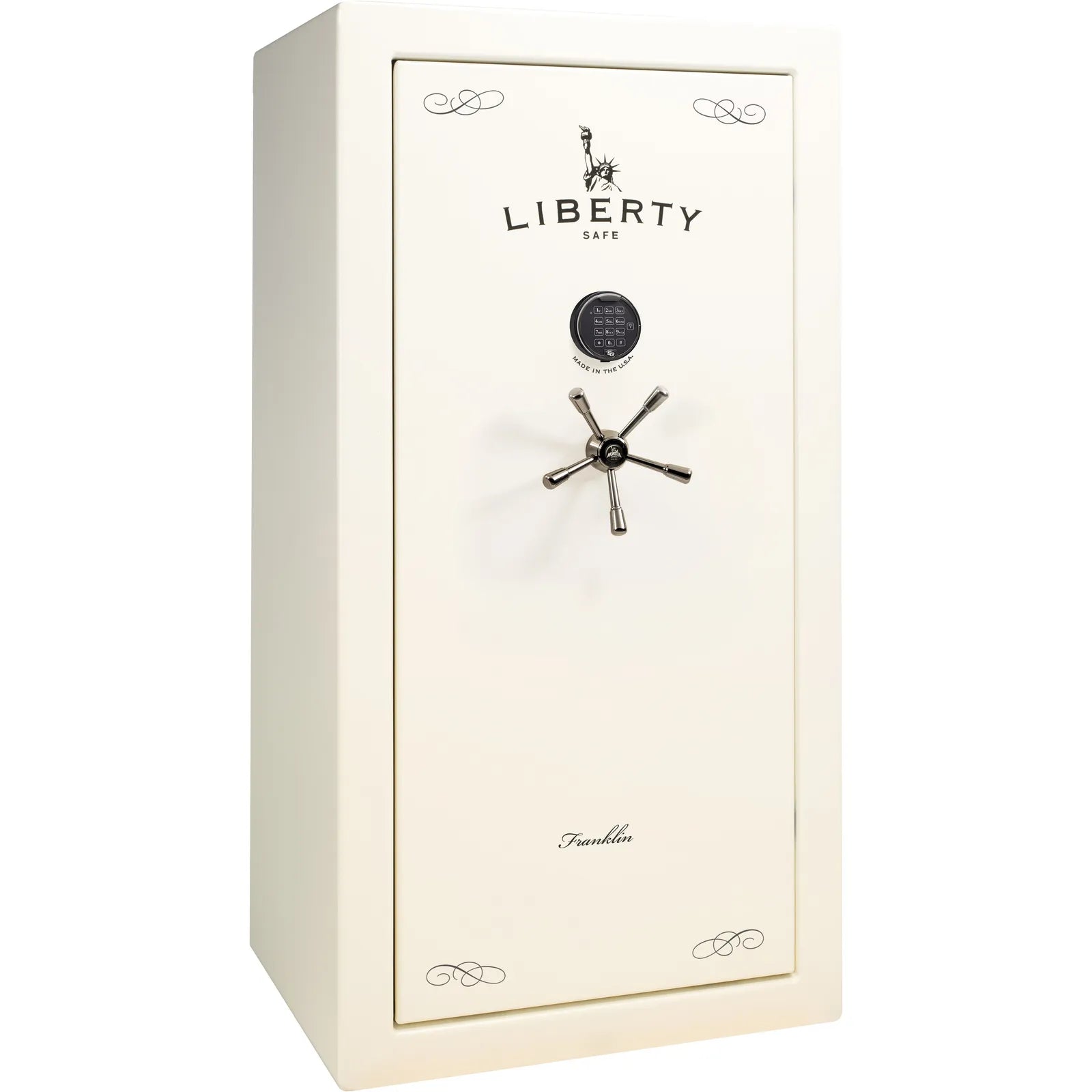 Liberty Franklin 29 gun safe in White Gloss with Black Chrome and S&G electronic lock, exterior view.