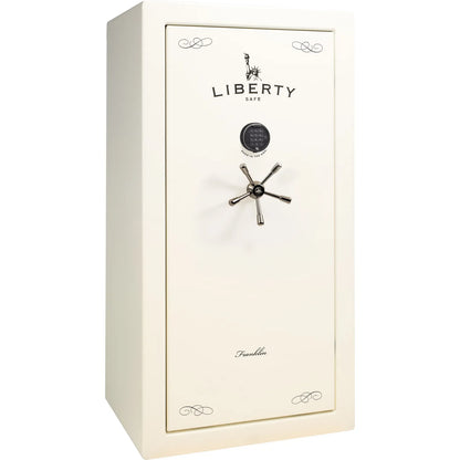 Liberty Franklin 29 gun safe in White Gloss with Black Chrome and S&G electronic lock, exterior view.