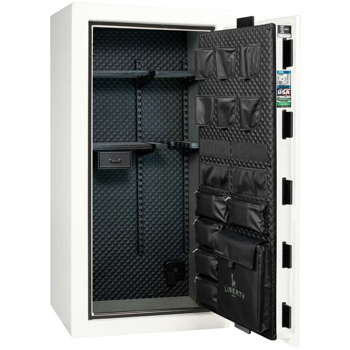 Liberty Franklin 29 gun safe in White Gloss with Black Chrome, Signature interior empty.