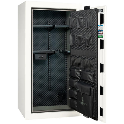 Liberty Franklin 29 gun safe in White Gloss with Black Chrome, Signature interior empty.