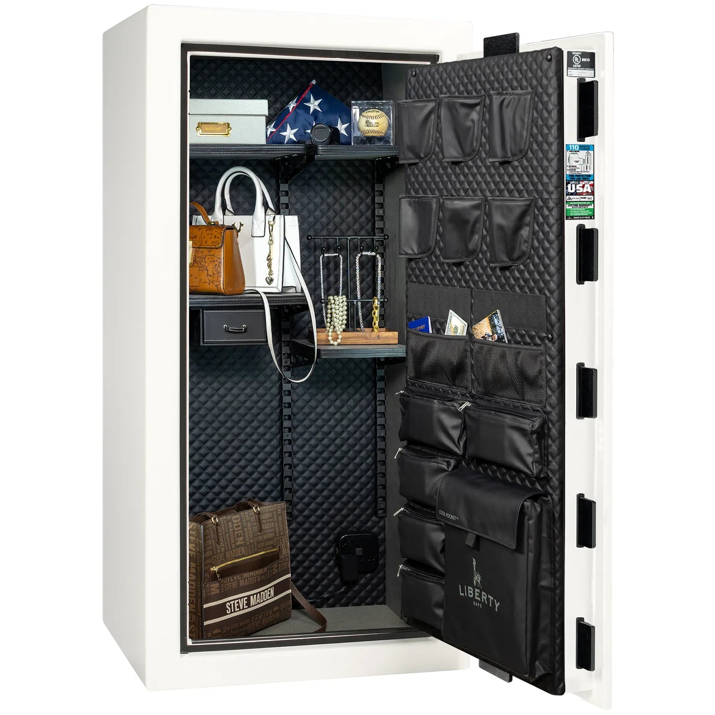 Liberty Franklin 29 gun safe in White Gloss with Black Chrome, Signature interior full with shelving and no guns.
