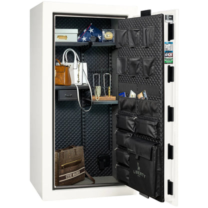 Liberty Franklin 29 gun safe in White Gloss with Black Chrome, Signature interior full with shelving and no guns.