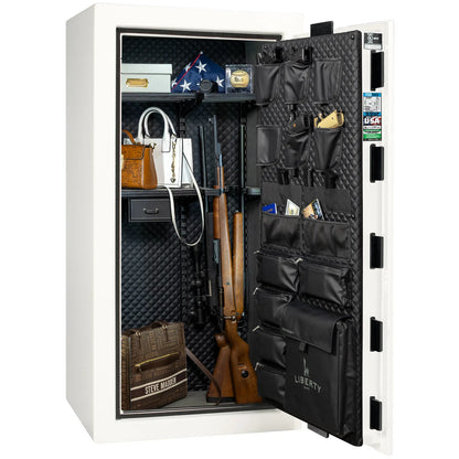 Liberty Franklin 29 gun safe in White Gloss with Black Chrome, Signature interior loaded with firearms.