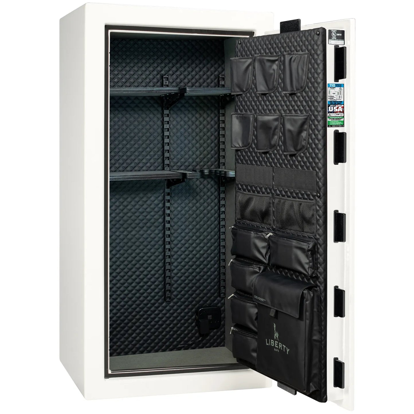 Liberty Franklin 29 gun safe in White Gloss with Black Chrome, Signature interior view.