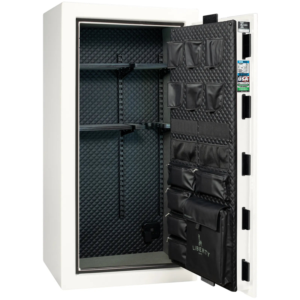 Liberty Franklin 29 gun safe in White Gloss with Black Chrome, Signature interior view.