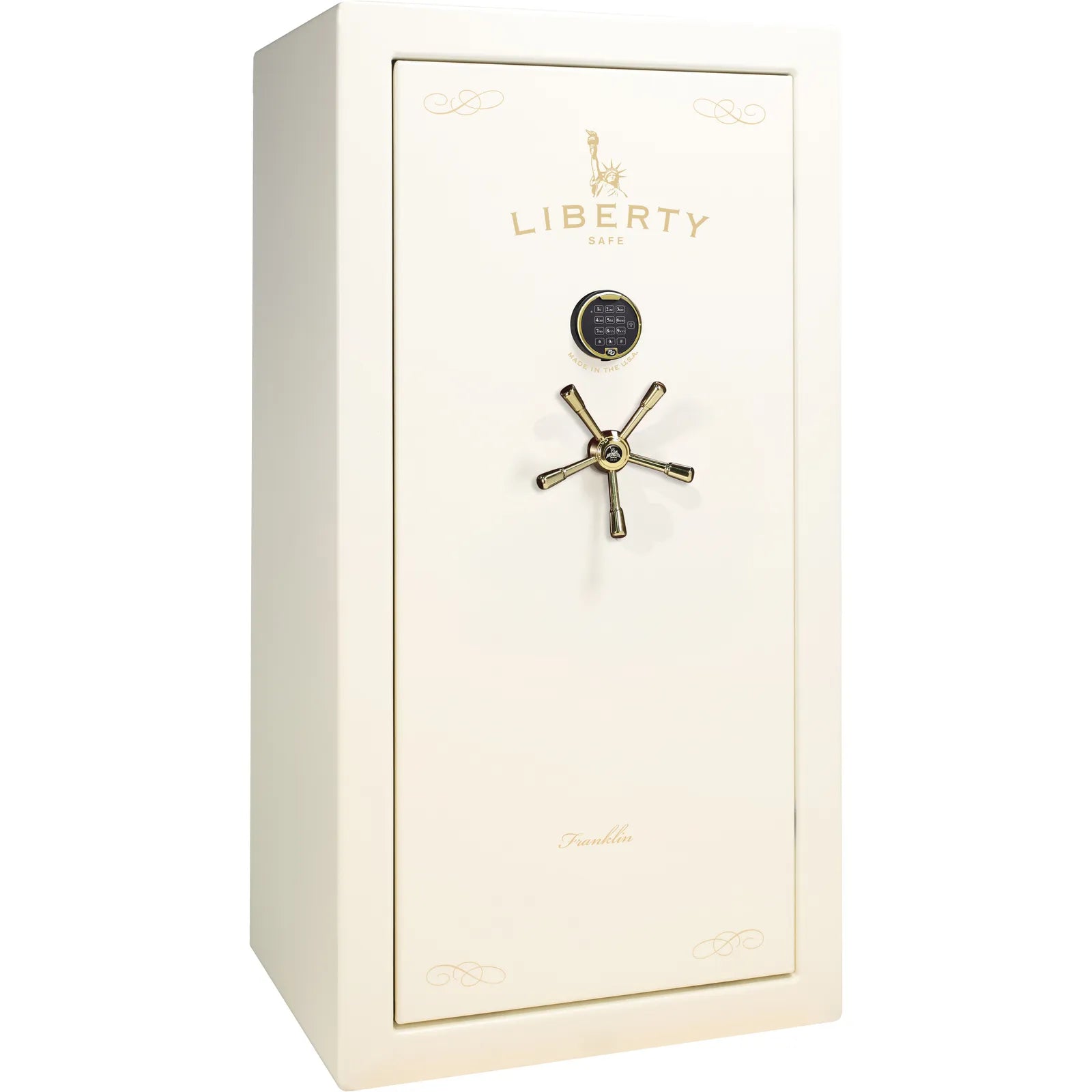 Liberty Franklin 29 gun safe in White Gloss with Brass and S&G electronic lock, exterior view.