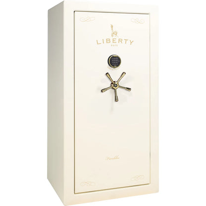 Liberty Franklin 29 gun safe in White Gloss with Brass and S&G electronic lock, exterior view.