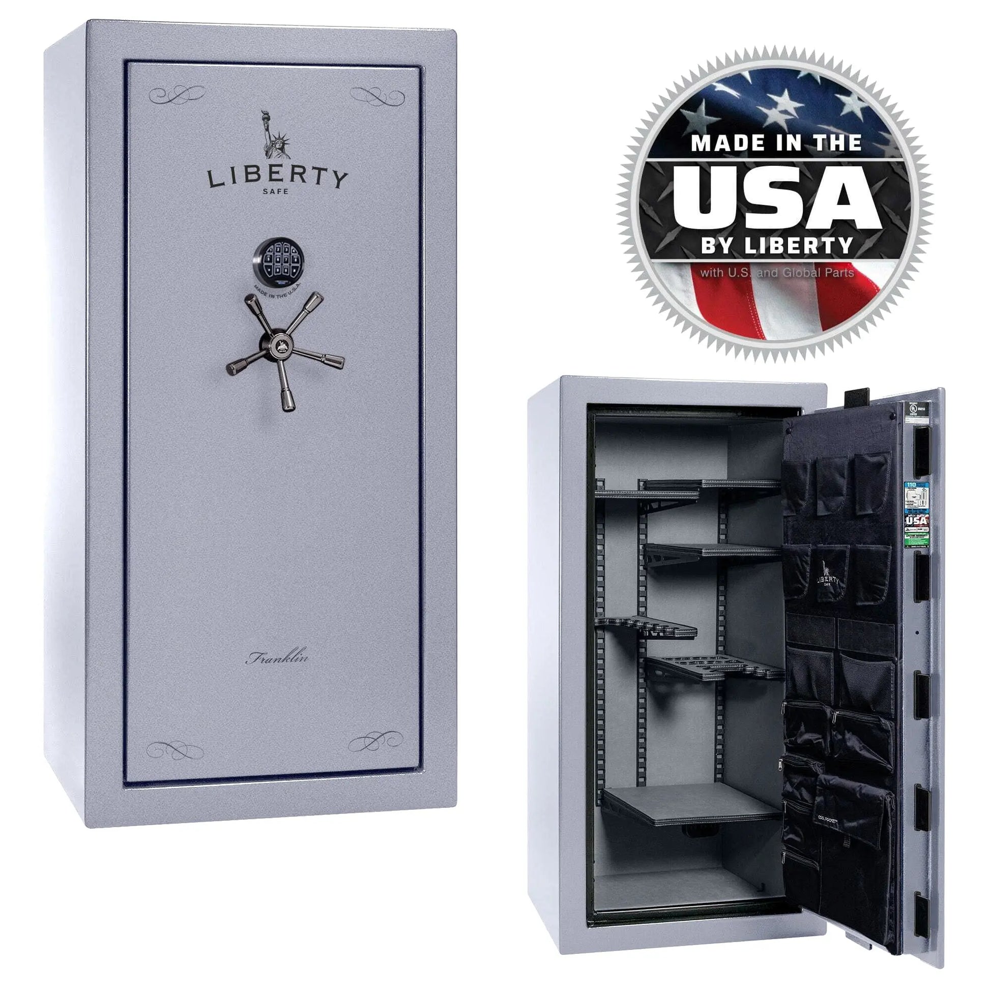 Liberty Franklin 29 gun safe glacial steel exterior and interior view