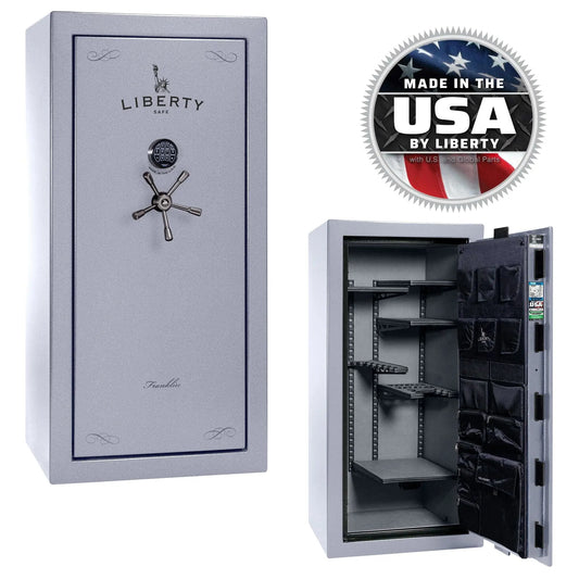 Liberty Franklin 29 gun safe glacial steel exterior and interior view