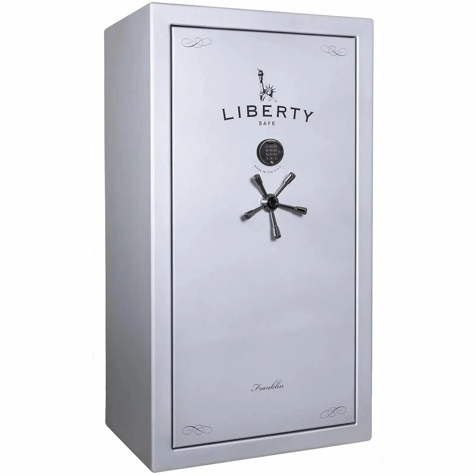 Liberty Franklin 40 gun safe in Glacial Steel with Black Chrome and S&G electronic lock, exterior view.