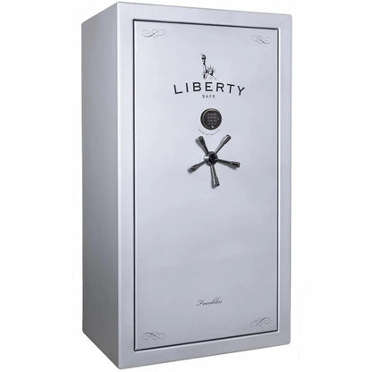 Liberty Franklin 40 gun safe in Glacial Steel with Black Chrome and S&G electronic lock, exterior view.