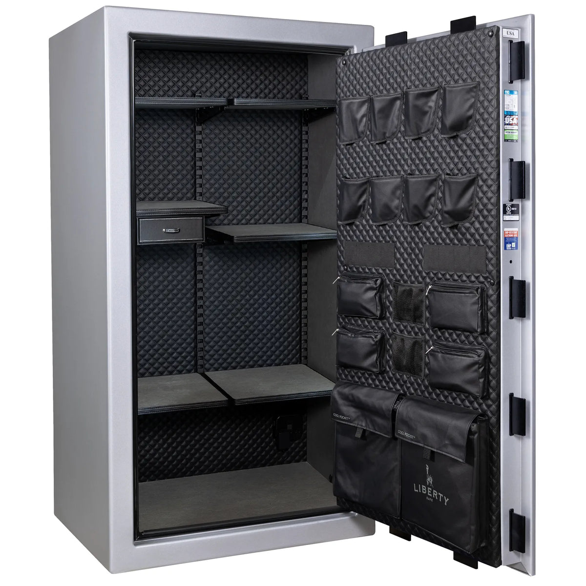 Liberty Franklin 40 gun safe in Glacial Steel with Black Chrome, Signature interior empty.