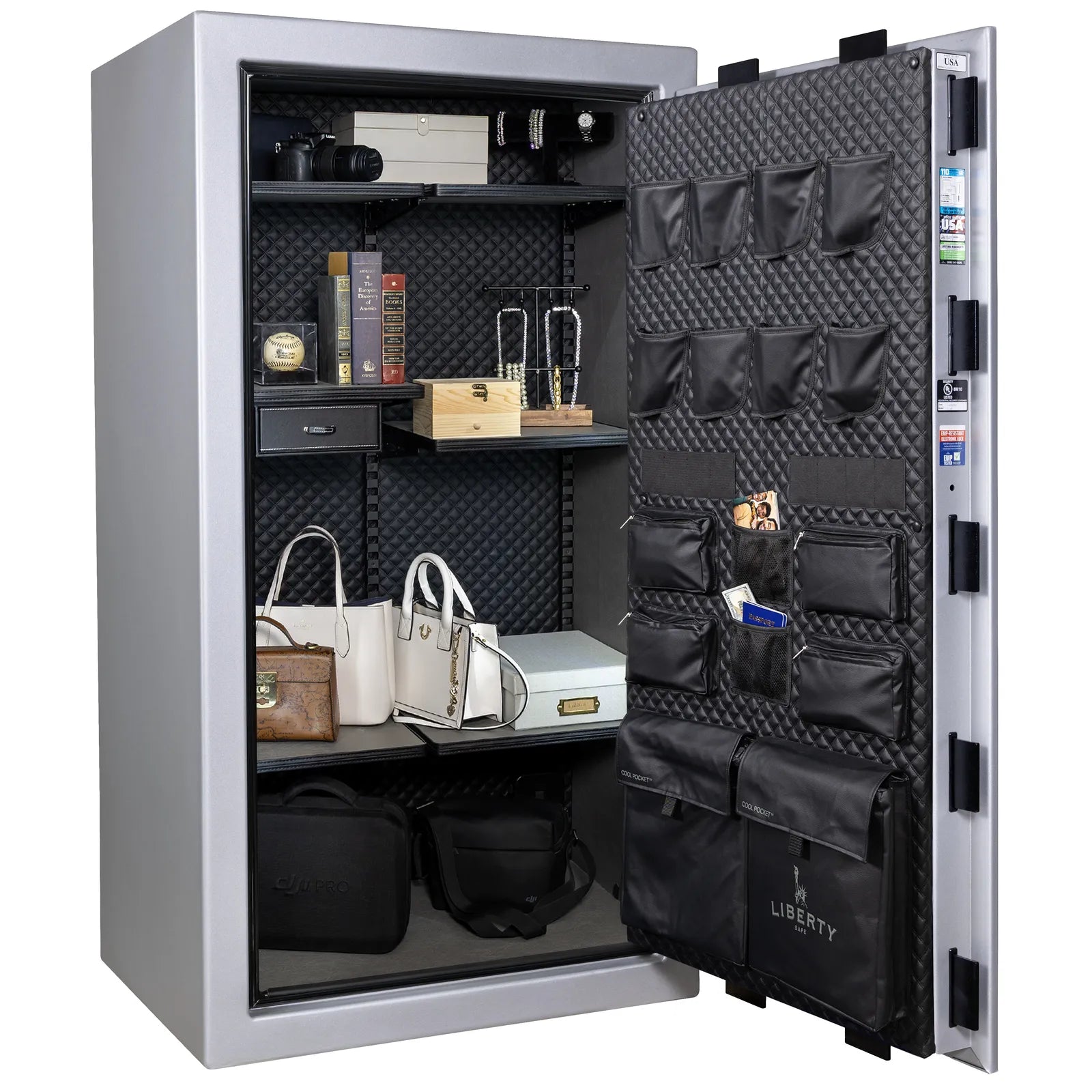 Liberty Franklin 40 gun safe in Glacial Steel with Black Chrome, Signature interior full with shelving and no guns.