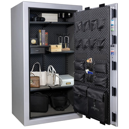 Liberty Franklin 40 gun safe in Glacial Steel with Black Chrome, Signature interior full with shelving and no guns.
