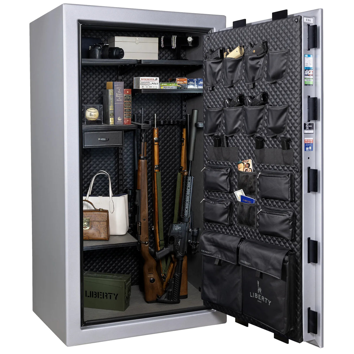 Liberty Franklin 40 gun safe in Glacial Steel with Black Chrome, Signature interior loaded with firearms.